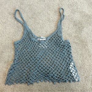 Zara blue crochet knit spaghetti strap tank top slightly cropped NWT